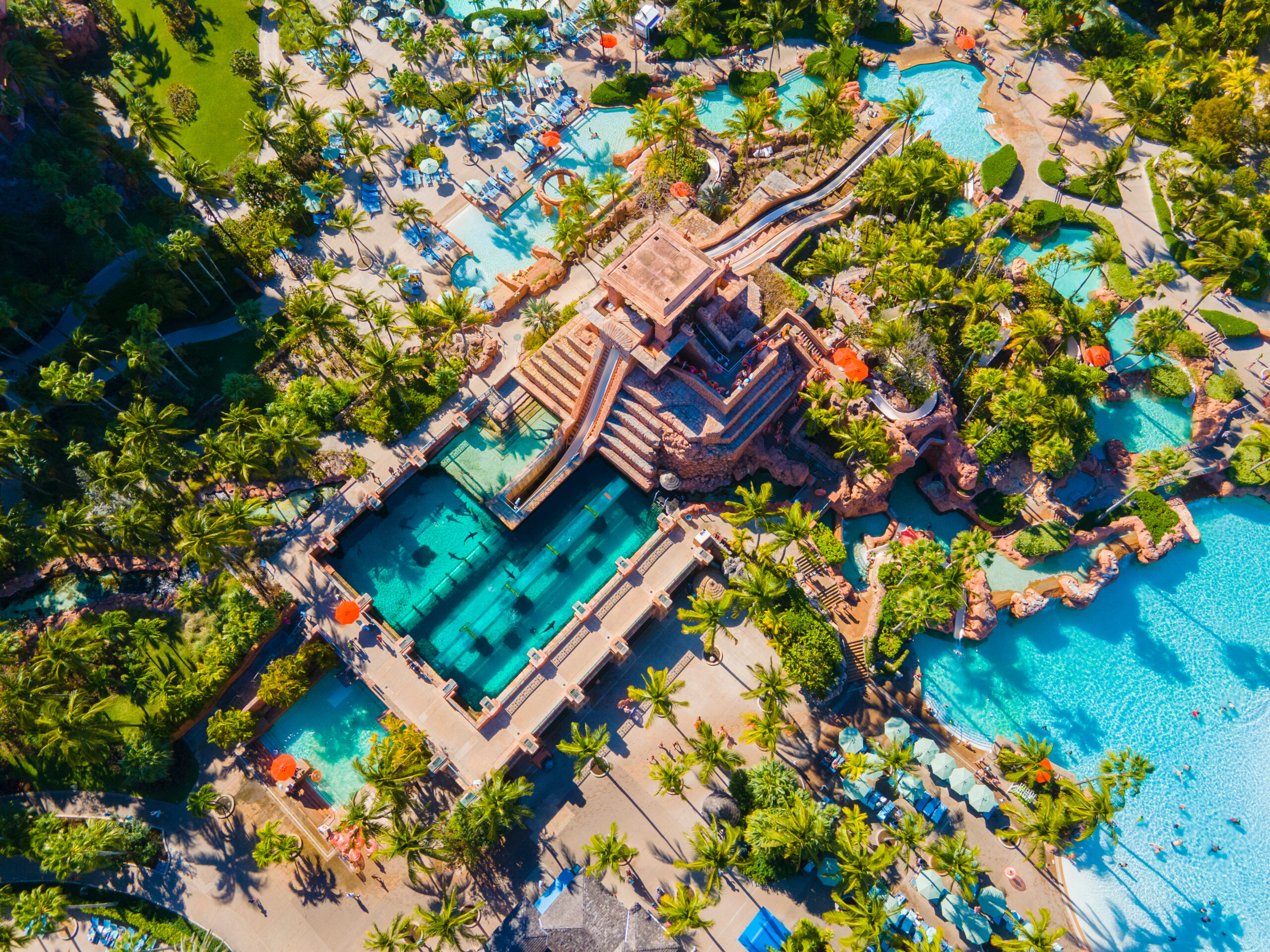 Mayan Temple water slide at Adventure Park in Atlantis Hotel on Paradise Island, Bahamas.